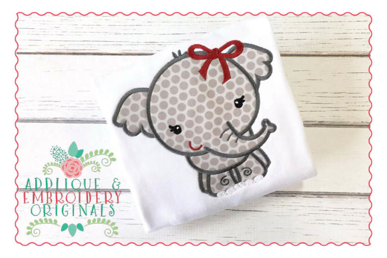1427 Elephant Mascot Full Body Girl with Bow Applique Design