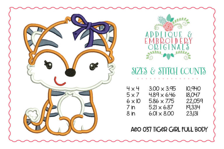 037 Tiger Mascot Girl with Bow Full Body Applique Design - Image 2