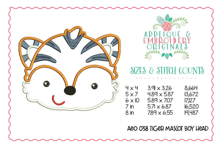 038 Tiger Mascot Head Boy Applique Design - Image 2