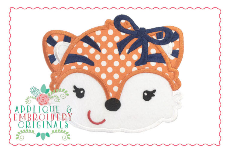 039 Tiger Mascot Head Girl with Bow Applique Design
