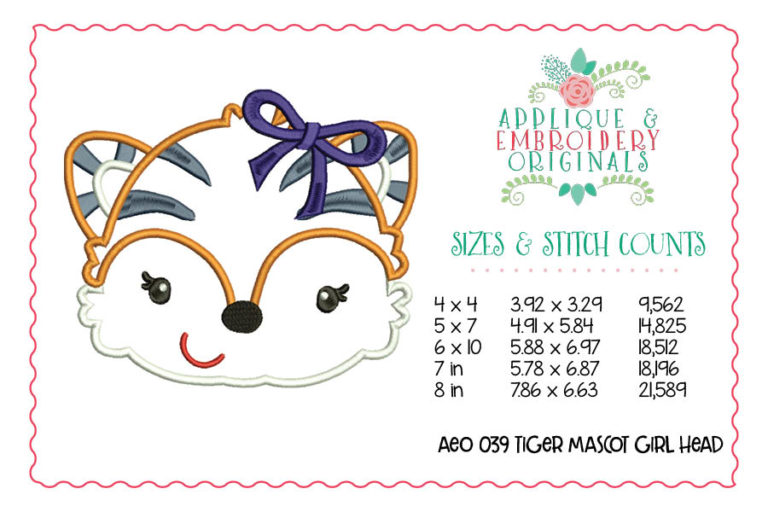 039 Tiger Mascot Head Girl with Bow Applique Design - Image 2
