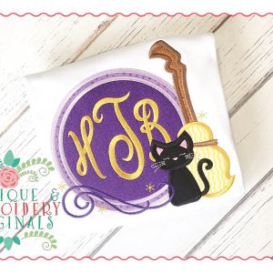 040 Cat and Broom Monogram Circle Applique Design