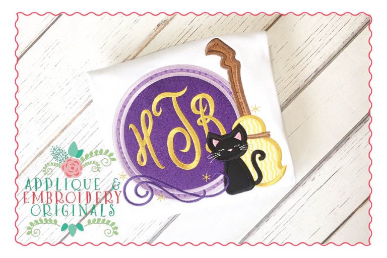 040 Cat and Broom Monogram Circle Applique Design