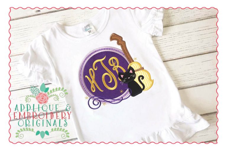 040 Cat and Broom Monogram Circle Applique Design - Image 2