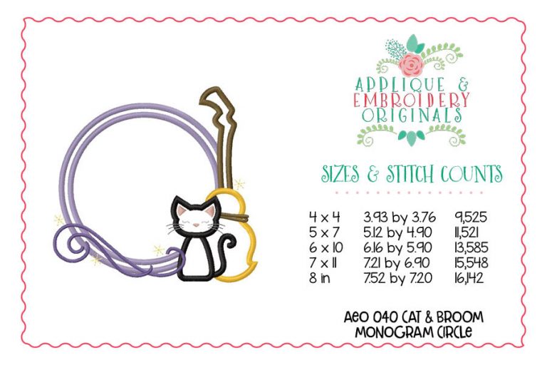 040 Cat and Broom Monogram Circle Applique Design - Image 3