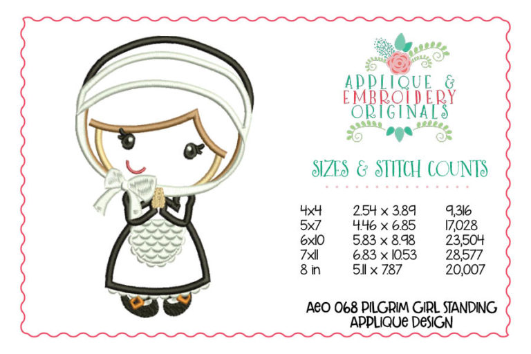 068 Pilgrim Settler Girl Applique Design - Image 2