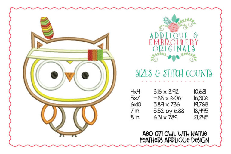 071 Owl with Native Feathers Applique Design - Image 2