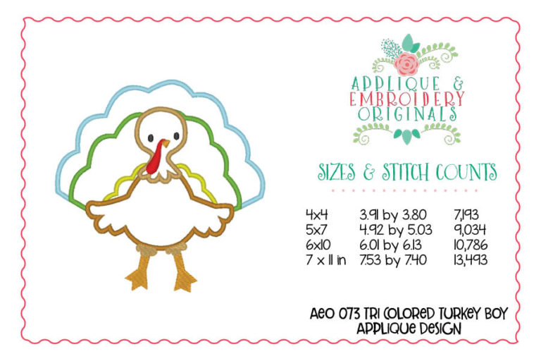 073 Tri Colored Turkey Boy Applique Design - Image 2