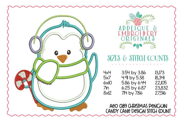 089 Christmas Penguin Candy Cane Applique Design - Image 2