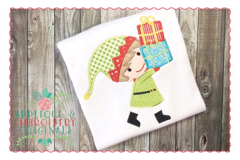 094 Christmas Elf Boy with Presents Applique