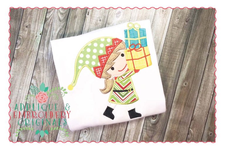 095 Christmas Elf Girl with Presents Applique Design
