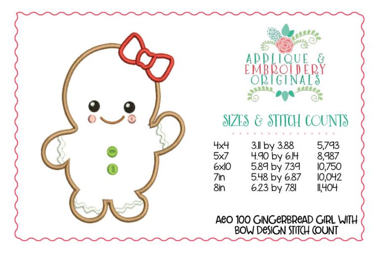 100 Gingerbread Girl with Bow Applique Design - Image 2