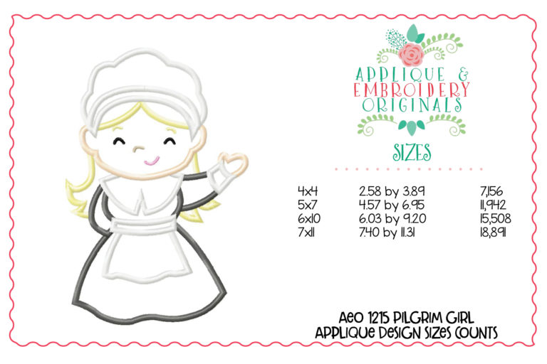 1215 Pilgrim Girl Applique Design - Image 3