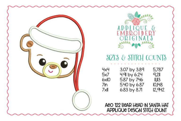 122 Bear Head in Santa Hat Applique Design - Image 2