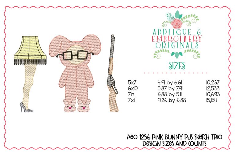 1256 Christmas Pink Bunny PJ Sketch Trio Embroidery Design - Image 4