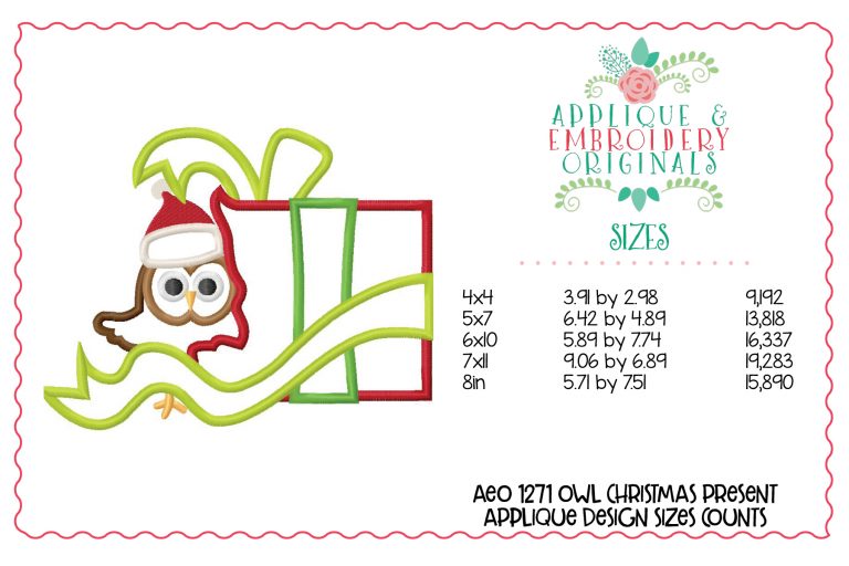 1271 Owl Christmas Present Applique Design - Image 3
