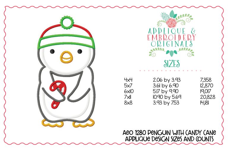 1280 Penguin with Candy Cane Applique Design - Image 3