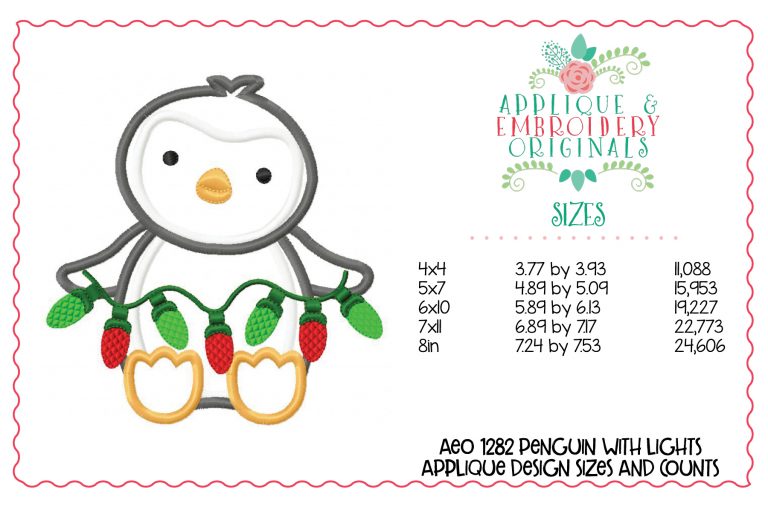 1282 Penguin with Christmas Lights Applique Design - Image 2