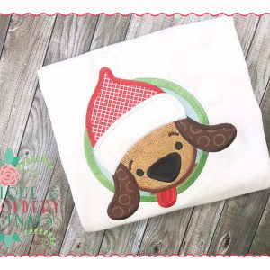 129 Puppy Dog in Circle Santa Hat Applique Design