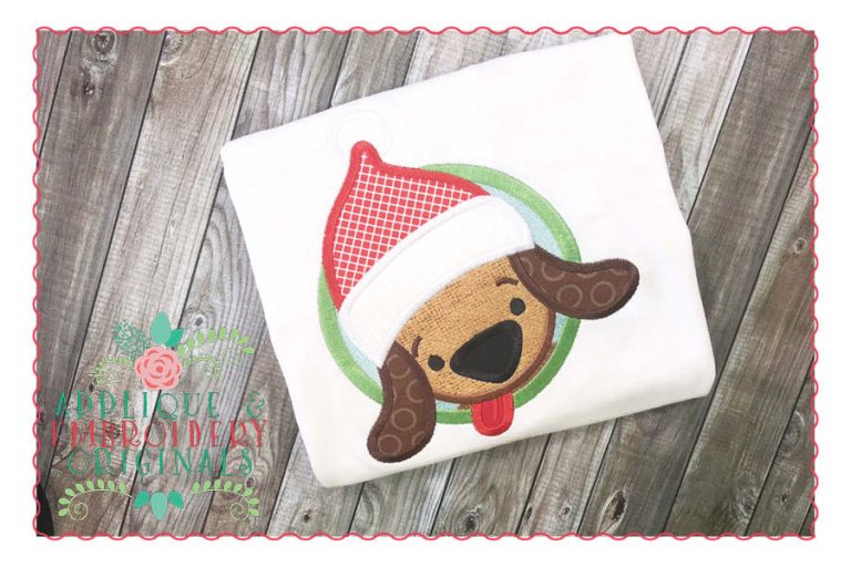 129 Puppy Dog in Circle Santa Hat Applique Design