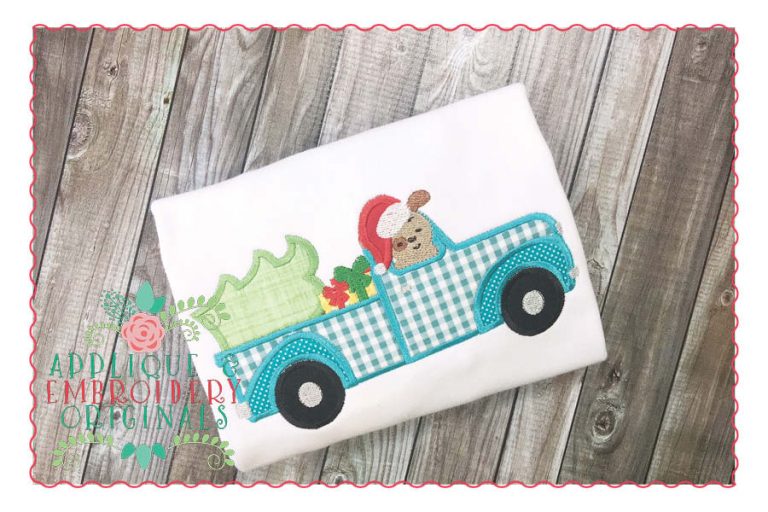 130 Puppy Dog in Truck with Tree Applique Design