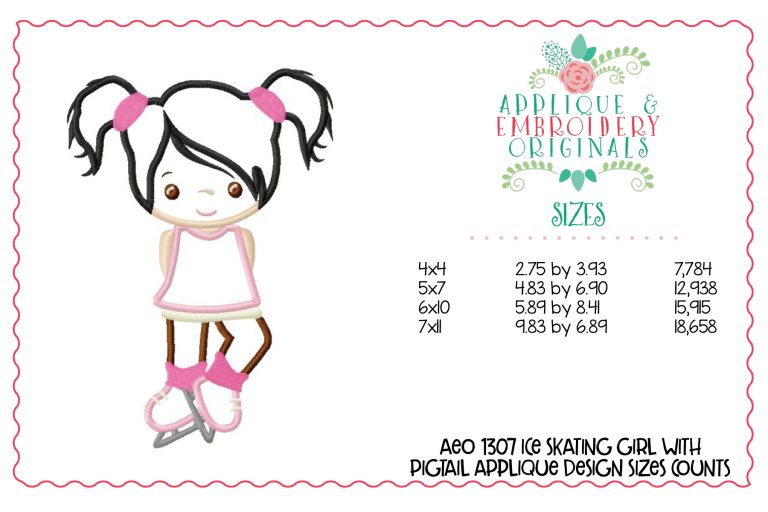 1307 Ice Skating Girl with Pigtails Applique Design - Image 4