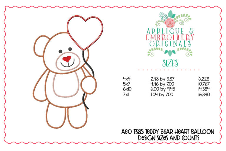 1385 Teddy Bear Heart Balloon Applique Design - Image 2