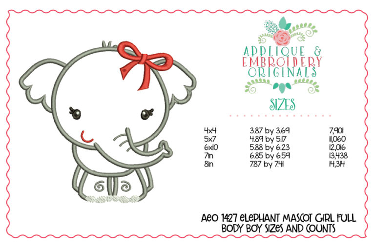 1427 Elephant Mascot Full Body Girl with Bow Applique Design - Image 3