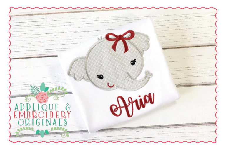 1429 Elephant Mascot Head Girl with Bow Applique Design