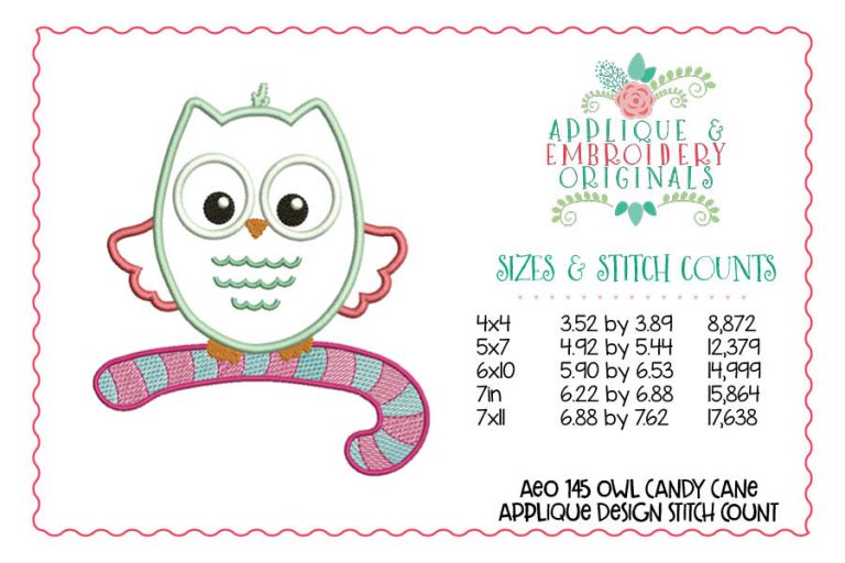 145 Owl Candy Cane Applique Design - Image 2