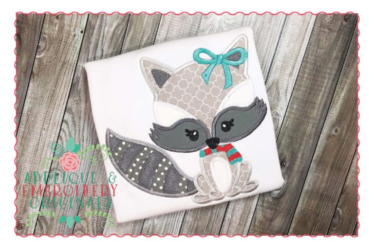 149 Raccoon Scarf Girl Bow Applique Design