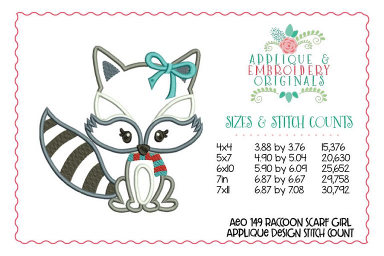 149 Raccoon Scarf Girl Bow Applique Design - Image 2