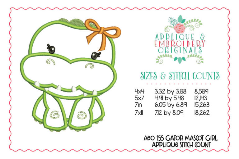 155 Gator Mascot Girl Bow Applique Design - Image 3