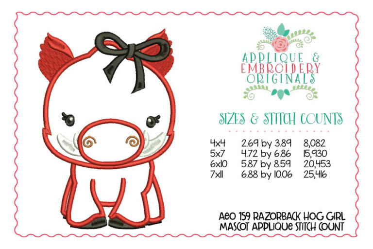 159 Razorback Hog Mascot Girl Applique Design - Image 2