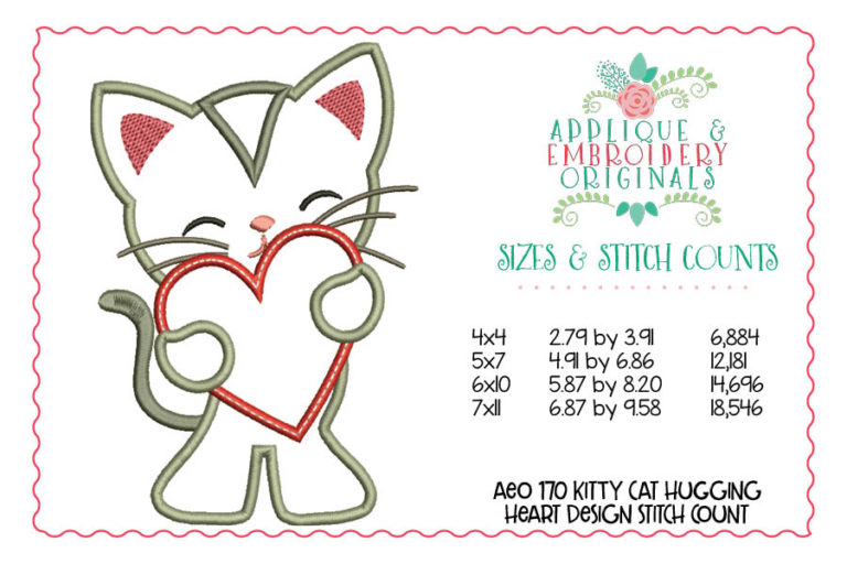 170 Kitty Cat Hugging Heart Applique Design - Image 2