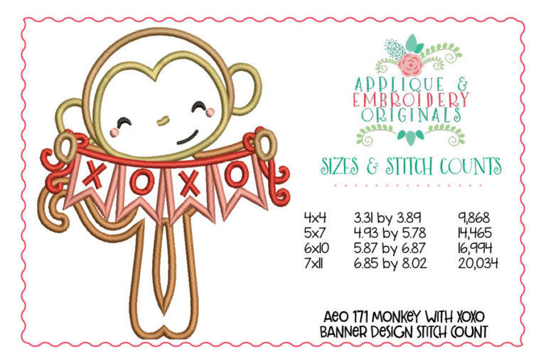 171 Monkey with XOXO Banner Applique Design - Image 2