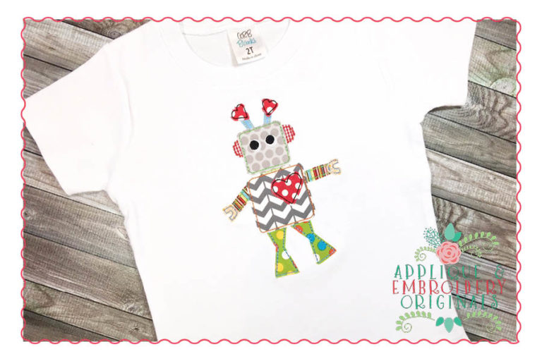 191 Robot with Heart Bean Stitch Applique Design - Image 2