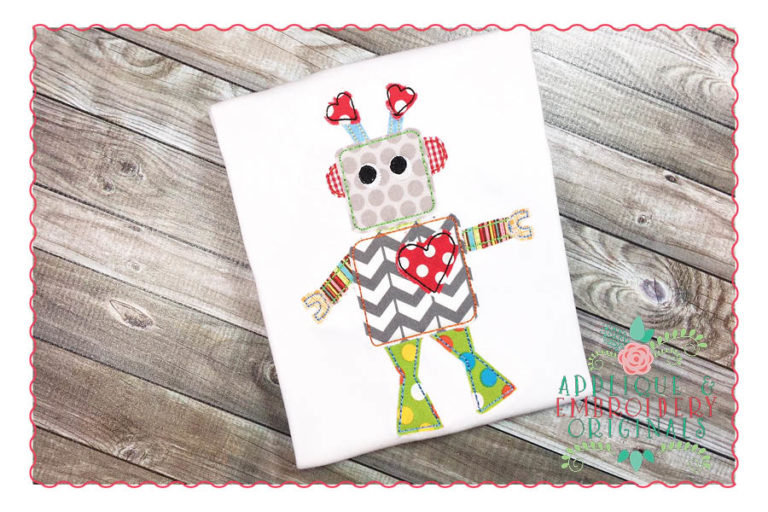 191 Robot with Heart Bean Stitch Applique Design