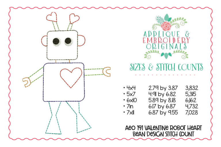 191 Robot with Heart Bean Stitch Applique Design - Image 3