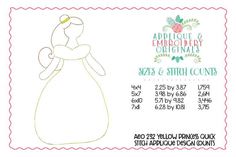 232 Yellow Beauty Princess Simple Stitch Applique Design - Image 3