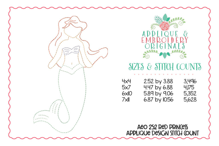 252 Red Mermaid Princess Simple Stitch Applique Design - Image 3