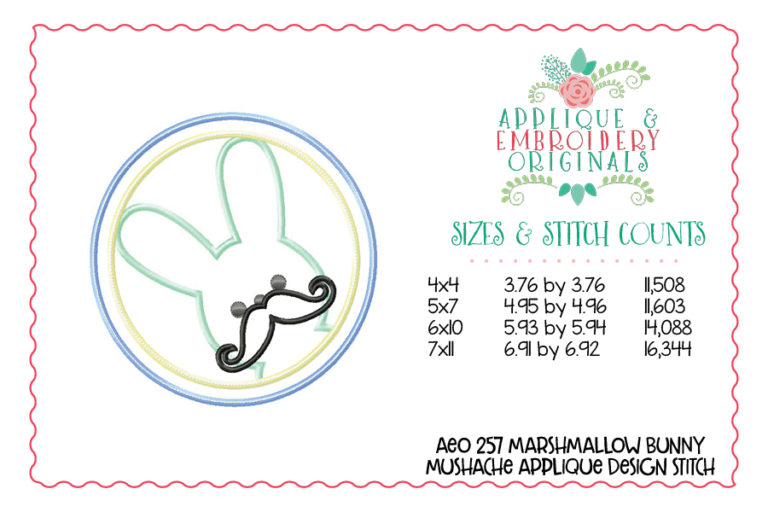 257 Marshmallow Bunny with Mustache Circle Applique Design - Image 3
