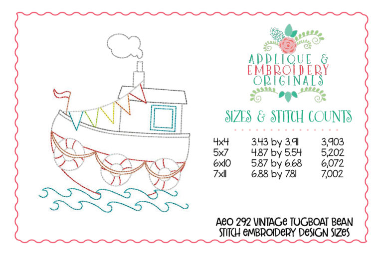 292 Vintage Tugboat Bean Stitch Embroidery Design - Image 4