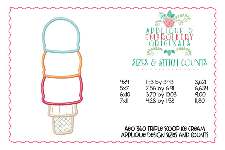 360 Triple Scoop Ice Cream Cone Applique Design - Image 3