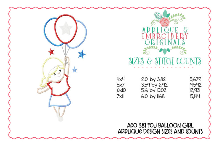 381 Fourth of July Balloon Girl Applique Design - Image 3