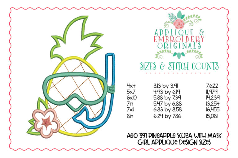 391 Pineapple Girl Scuba Mask Snorkel Applique Design - Image 2