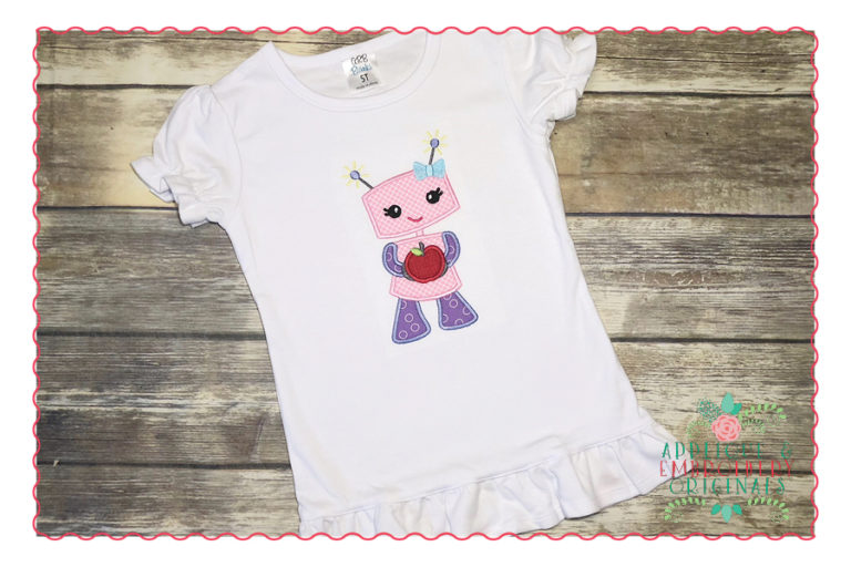 413 Robot Girl Apple Applique Design - Image 2