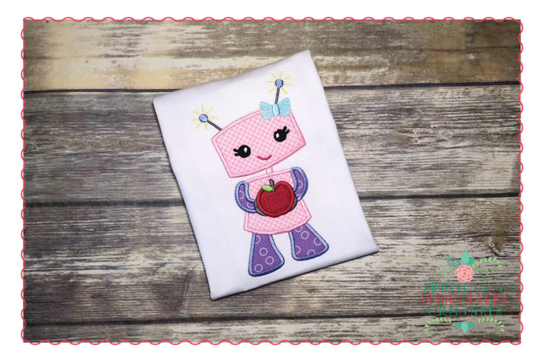 413 Robot Girl Apple Applique Design