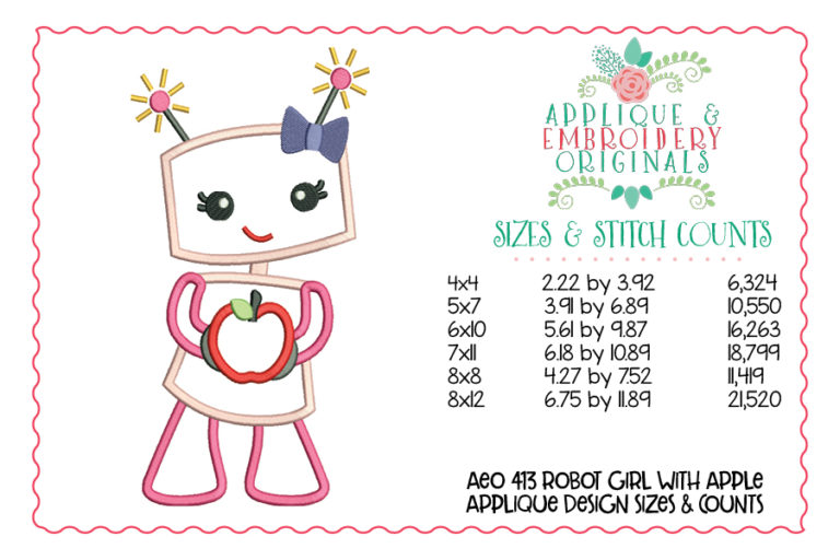 413 Robot Girl Apple Applique Design - Image 3