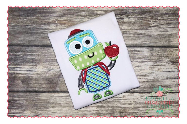 414 Robot with Apple and Backpack Applique Design